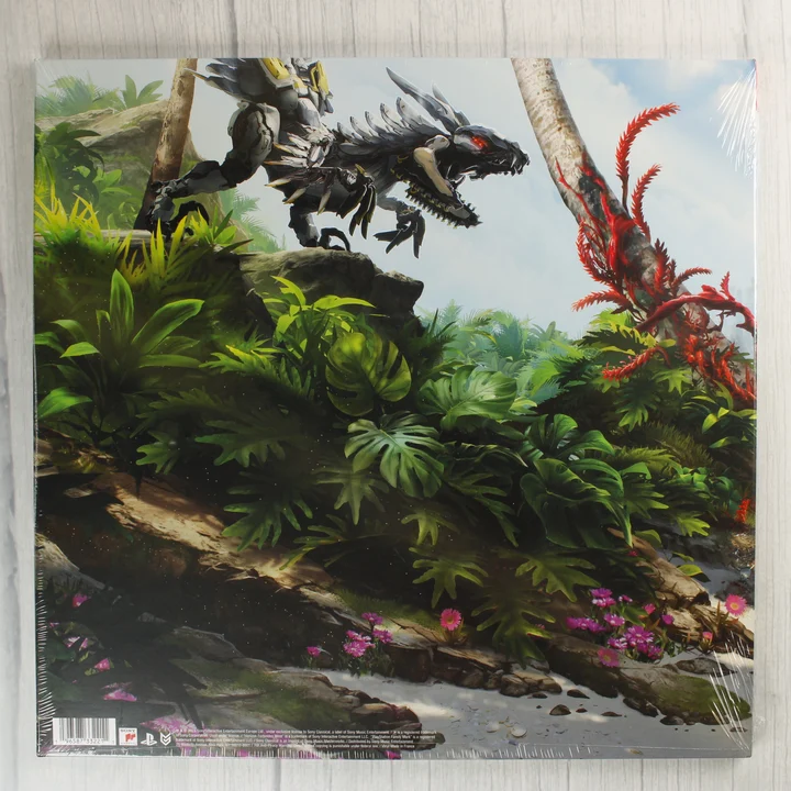 A Horizon Forbidden West soundtrack bakelit lemez hátoldala egy gépi lénnyel