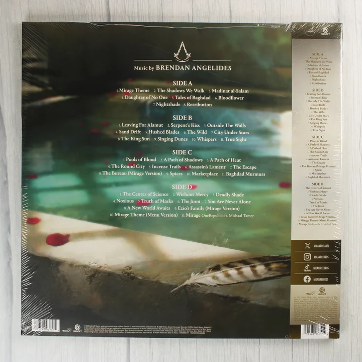 Az Assassin's Creed Mirage bakelit lemez hátoldala a számlistával