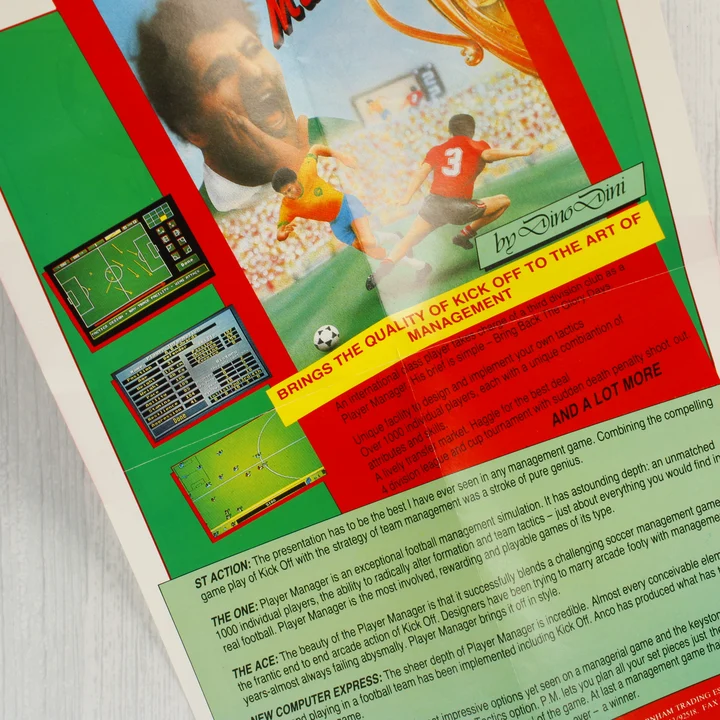 Közeli kép a Player Manager dobozának grafikájáról és feliratairól