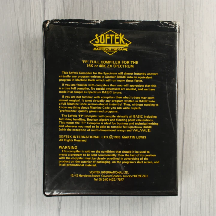 Softek FP Compiler ZX Spectrum szoftver hátlapja