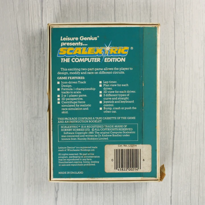 Scalextric: The Computer Edition Commodore 64 játék dobozának hátoldala