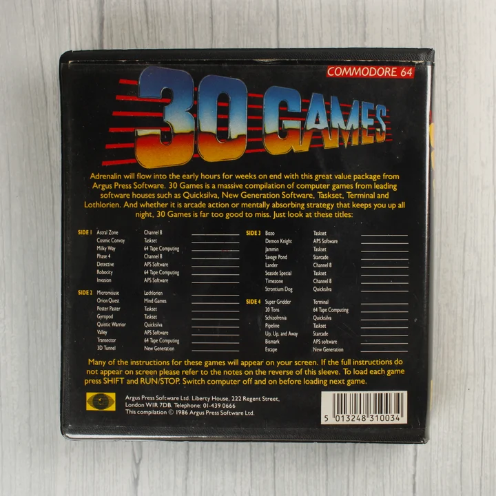 30 Games Commodore 64 válogatás hátoldala a játéklistával