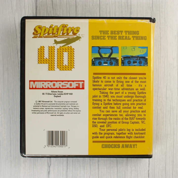 Spitfire 40 videójáték hátoldali borítója leírással és vonalkóddal