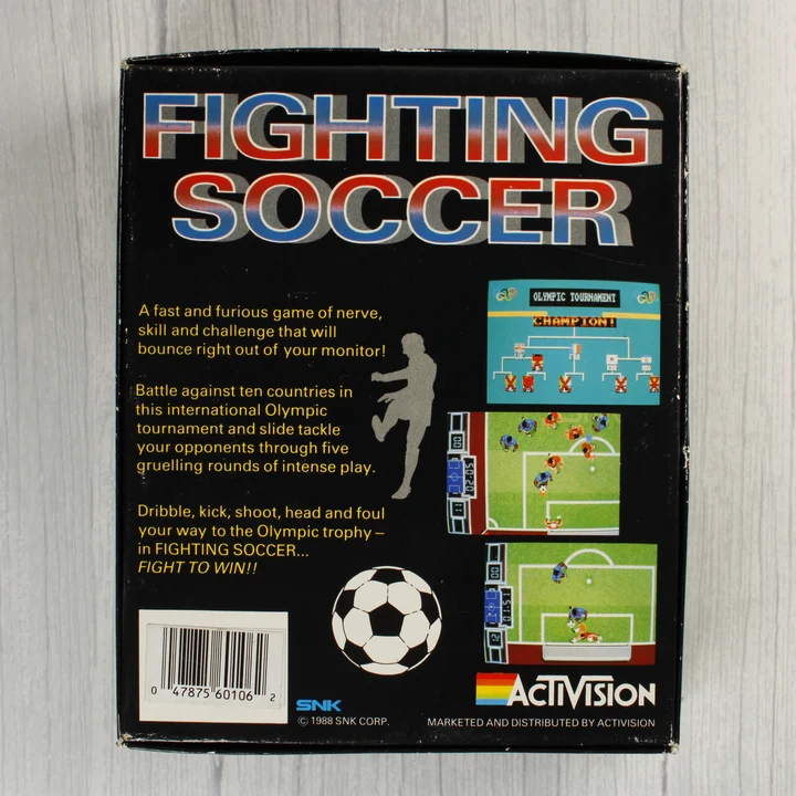 Fighting Soccer doboz hátoldal Fighting Soccer Atari ST játék dobozának hátoldala leírással és képernyőfotókkal