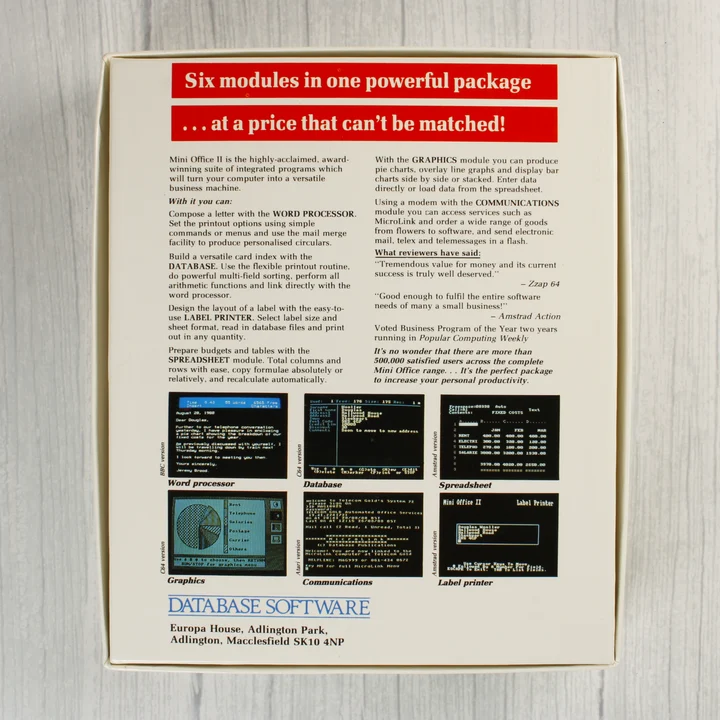 Mini Office II szoftver dobozának hátoldala leírásokkal