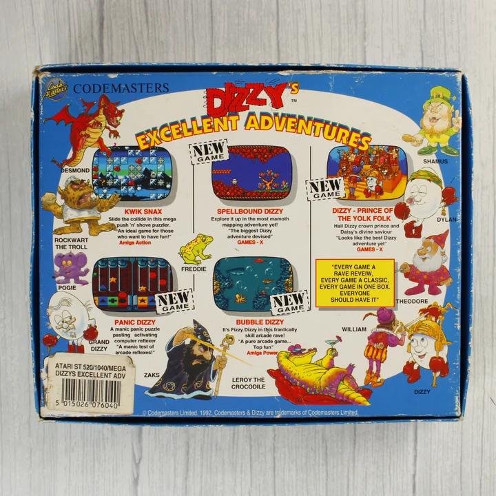 Dizzy's Excellent Adventures Atari ST játékgyűjtemény dobozának hátoldala