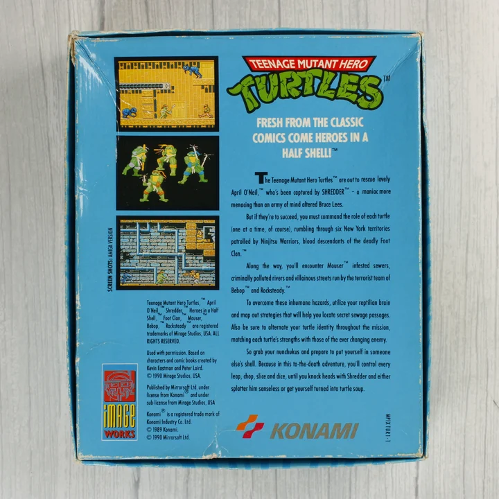 Teenage Mutant Hero Turtles doboz hátoldal Teenage Mutant Hero Turtles Atari ST videójáték dobozának hátoldala