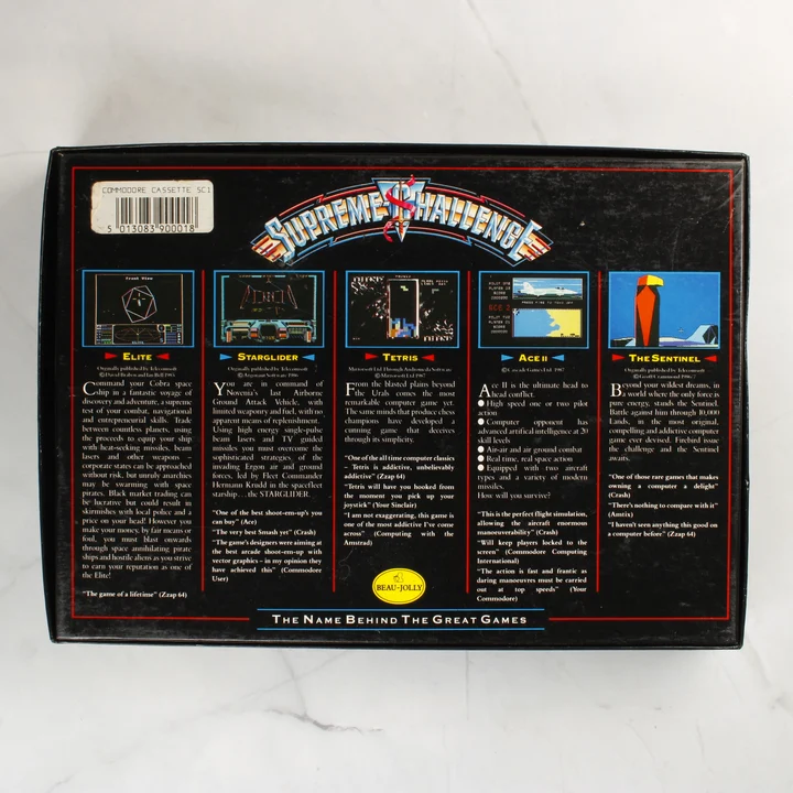 A Supreme Challenge videójáték-válogatás dobozának hátoldala leírásokkal