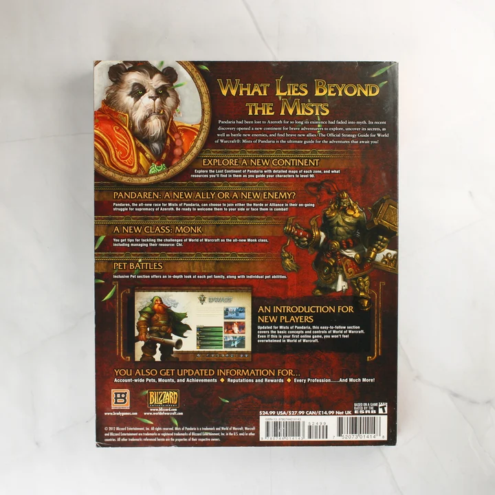 A World of Warcraft Mists of Pandaria stratégiai útmutató hátoldala leírásokkal és vonalkóddal