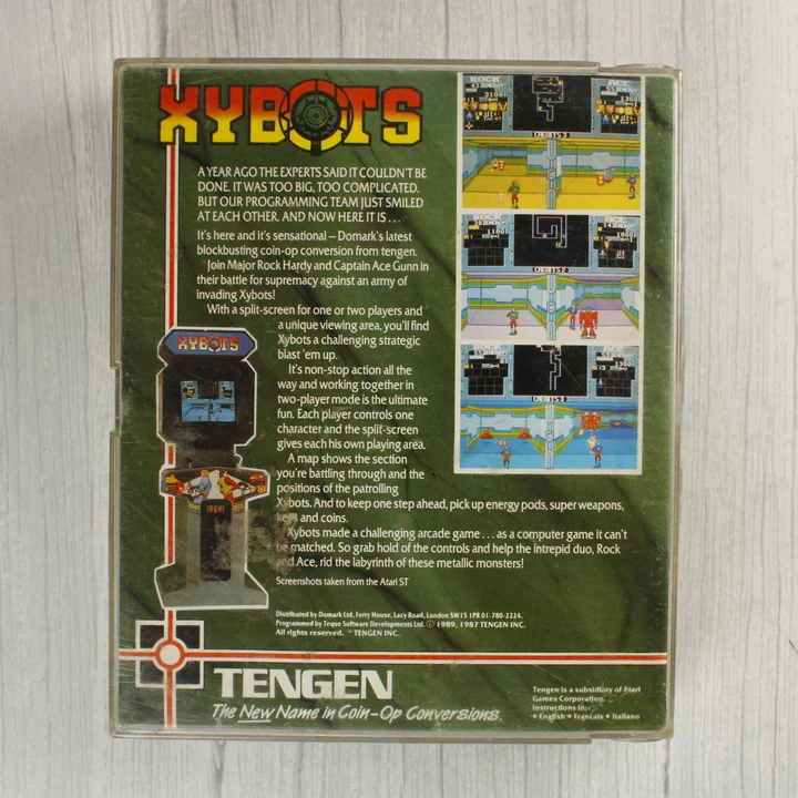 A Xybots videójáték tokjának hátoldala leírással és képernyőmentésekkel