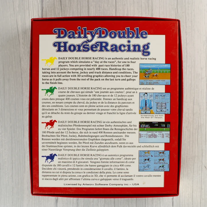 A Daily Double Horse Racing játék dobozának hátoldala többnyelvű leírással és képernyőmentésekkel.