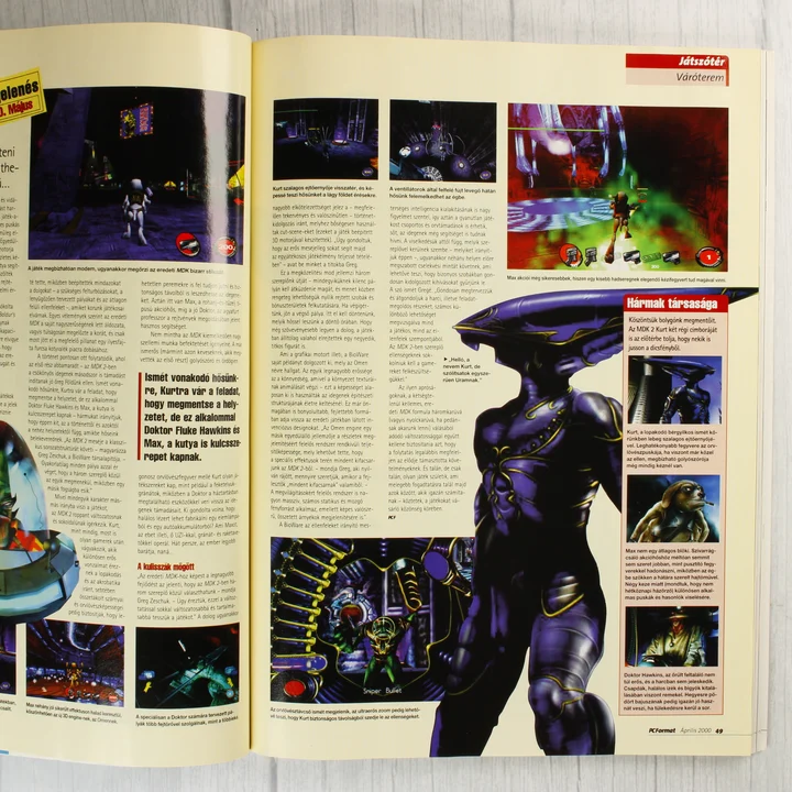 A PC Format magazin belső oldala az MDK 2 videójáték ismertetőjével