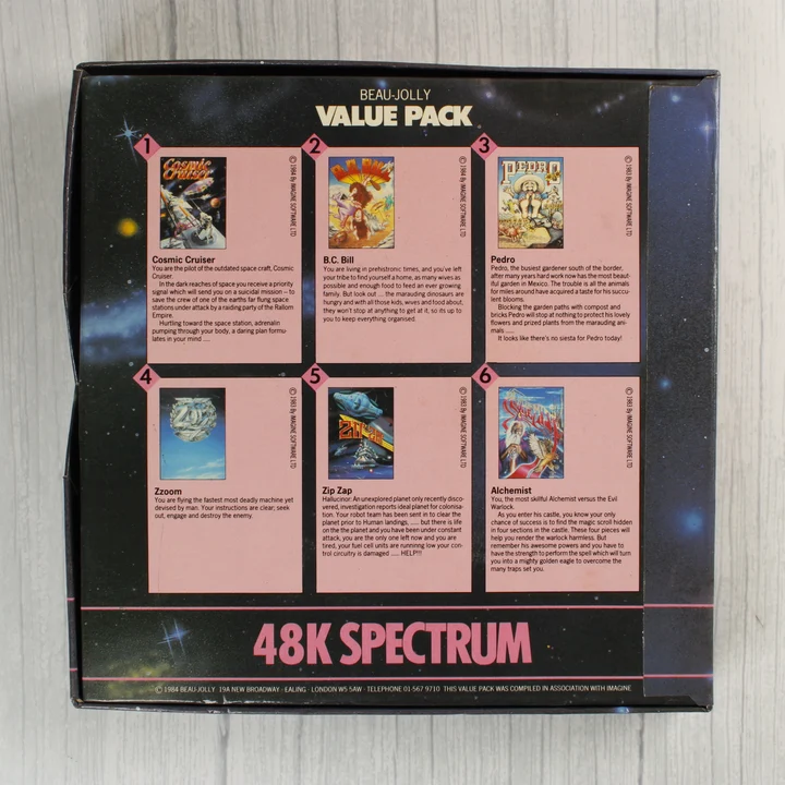 Beau-Jolly Value Pack hátlap Beau-Jolly Value Pack ZX Spectrum játékgyűjtemény dobozának hátoldala