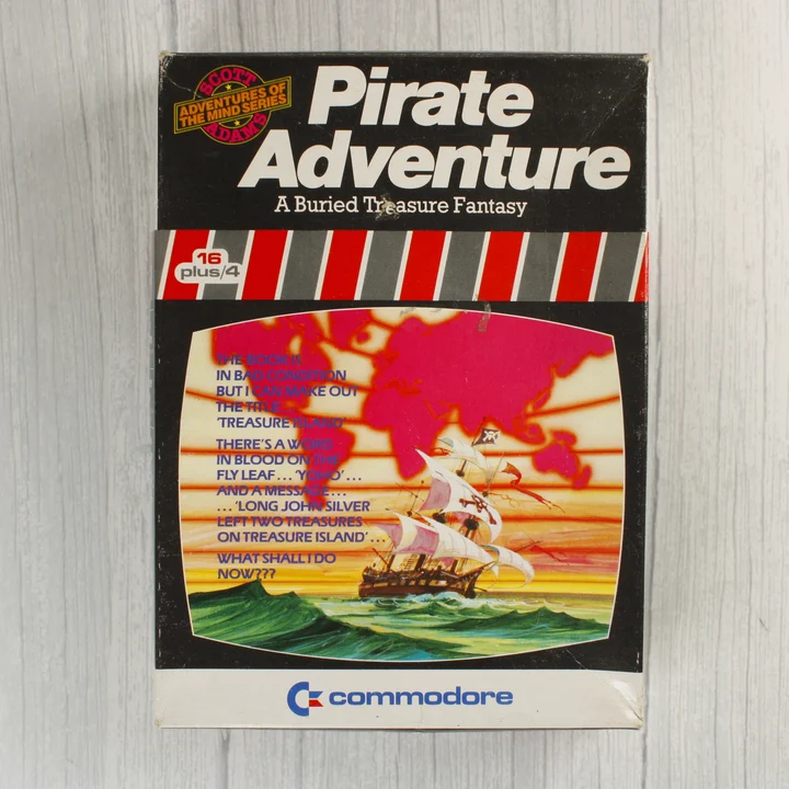 A Pirate Adventure videójáték dobozának előlapja Commodore 16 és Plus/4 platformra.