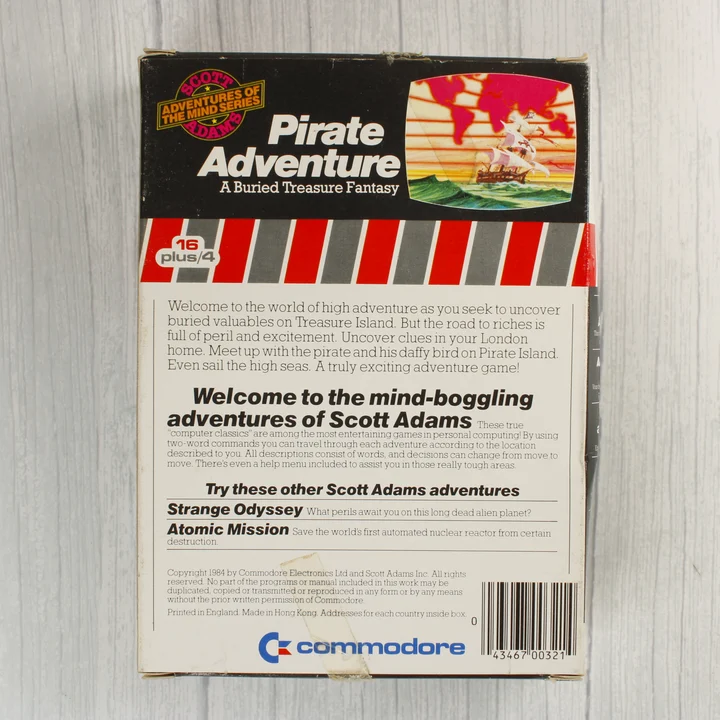 A Pirate Adventure videójáték dobozának hátoldala leírással és vonalkóddal.