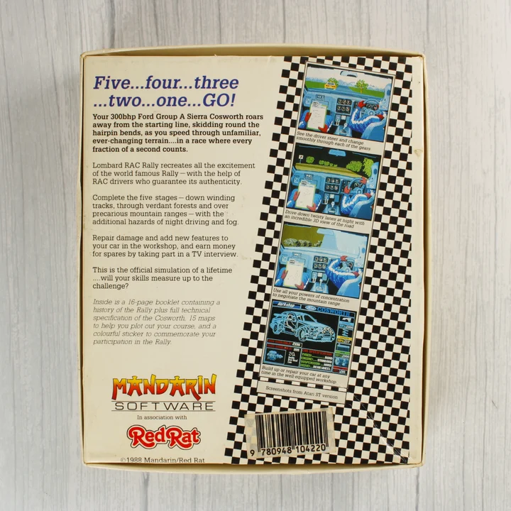 Lombard RAC Rally Atari ST játék dobozának hátoldala leírással és képernyőképekkel