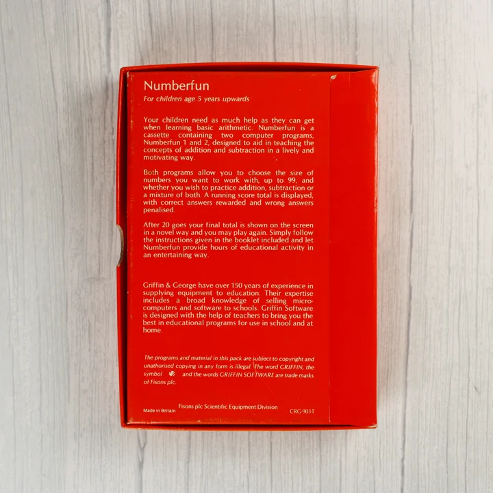 A Numberfun szoftver dobozának hátoldala angol nyelvű leírással