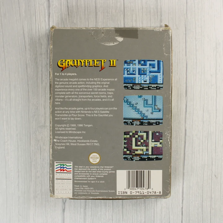 A Gauntlet II NES játék dobozának hátoldala leírással és képernyőfotókkal