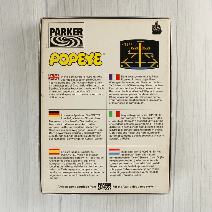 Popeye Atari 2600 videójáték dobozának hátoldala