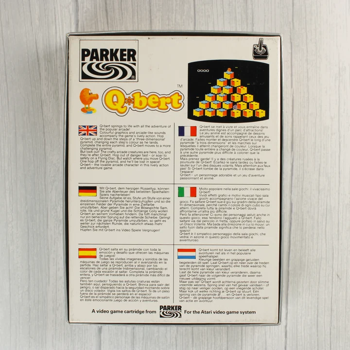 Q*bert Atari 2600 videójáték dobozának hátoldala többnyelvű leírással