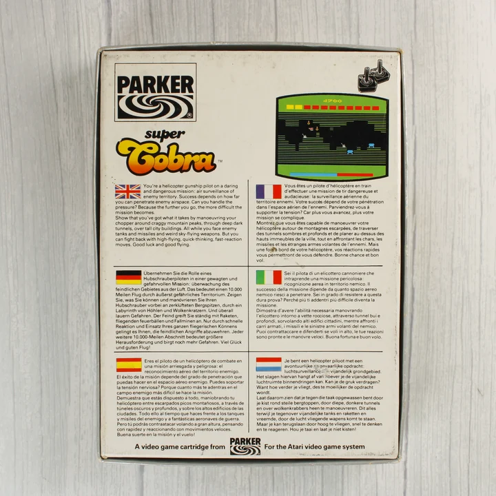 Super Cobra Atari 2600 videójáték dobozának hátoldala többnyelvű leírással