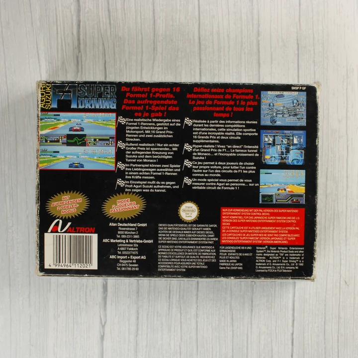 Aguri Suzuki F-1 Super Driving SNES játék dobozának hátoldala