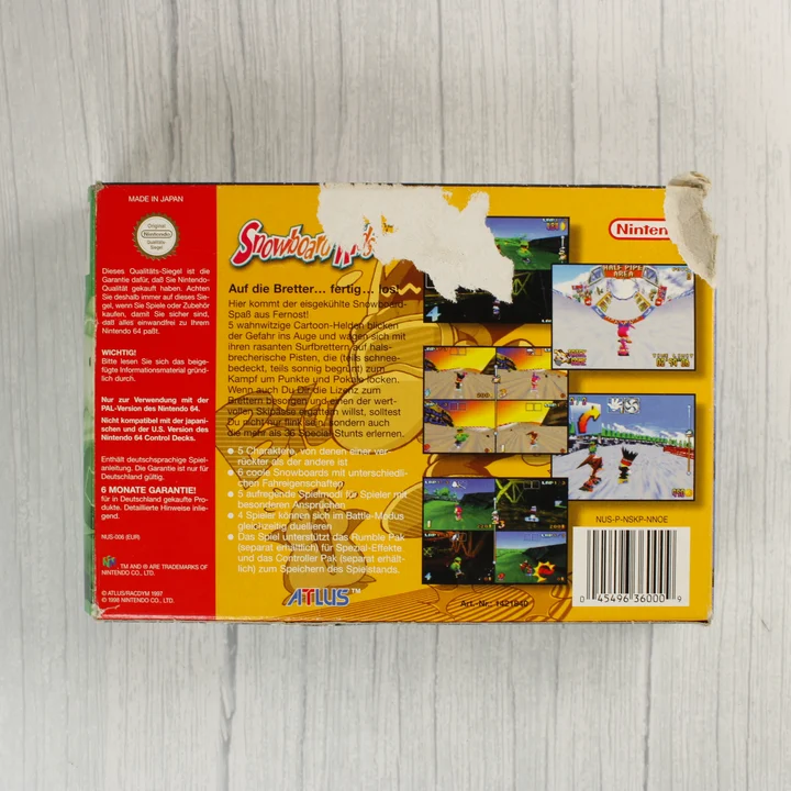 Snowboard Kids Nintendo 64 játék dobozának hátoldala sérüléssel