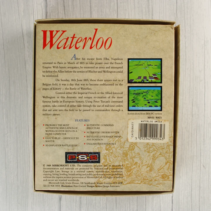 A Waterloo Amiga játék dobozának hátoldala leírással és képernyőmentésekkel