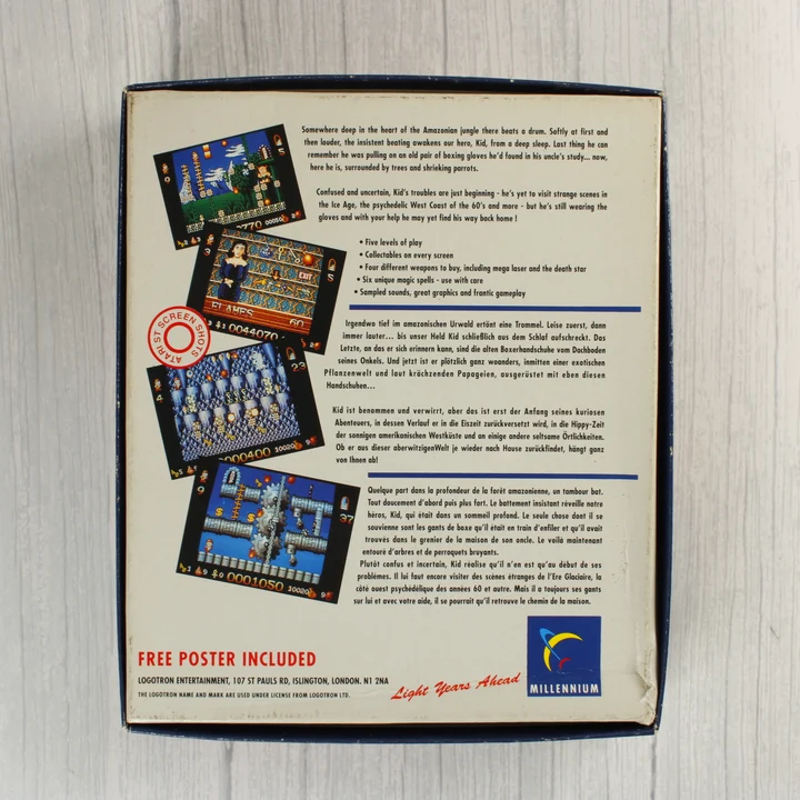 A Kid Gloves videójáték dobozának hátoldala leírásokkal és képernyőfotókkal.