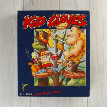 A Kid Gloves videójáték színes illusztrációval ellátott első borítója.
