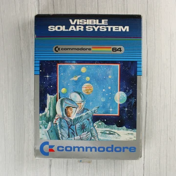 A Visible Solar System Commodore 64 szoftver dobozának előlapja asztronautákkal és bolygókkal.