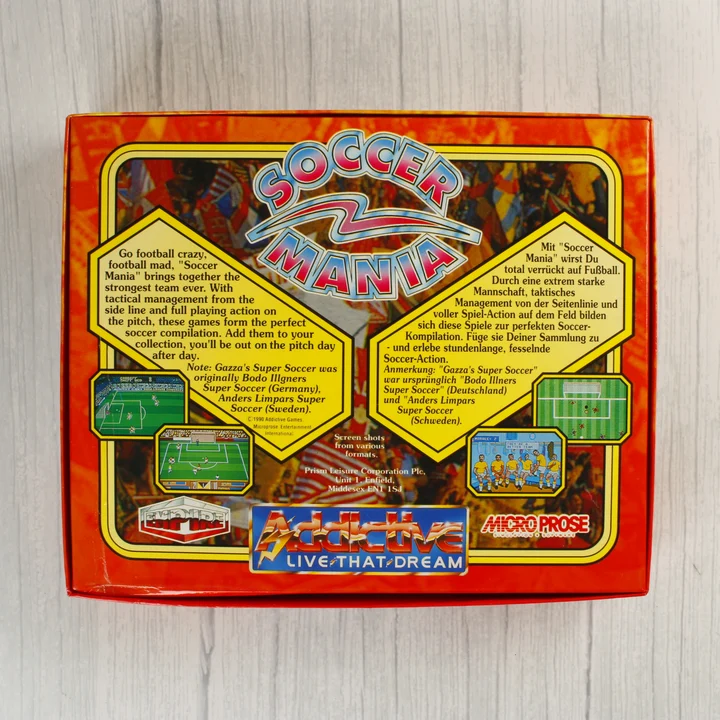 Soccer Mania Amiga játékgyűjtemény dobozának hátoldala