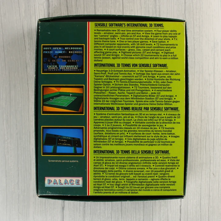 International 3D Tennis Amiga játék dobozának hátoldala