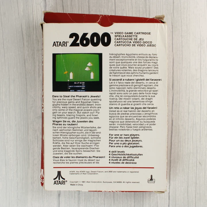 Desert Falcon Atari 2600 videójáték dobozának hátoldala