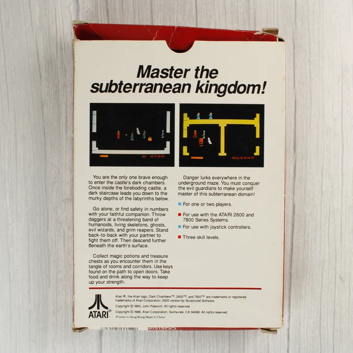 Dark Chambers Atari 2600 videójáték dobozának hátoldala