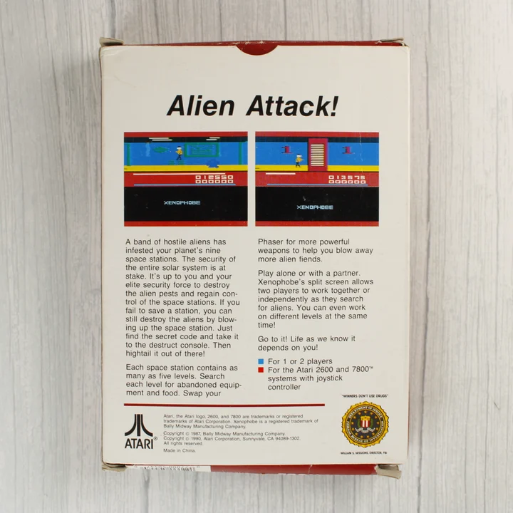 Xenophobe Atari 2600 videójáték dobozának hátoldala