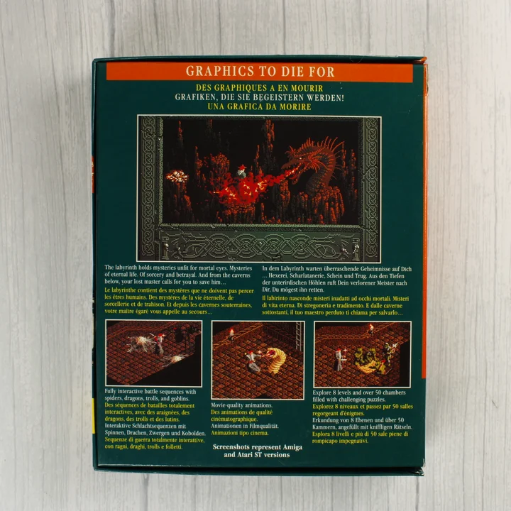 The Immortal Atari ST videójáték dobozának hátoldala játékmenet fotókkal