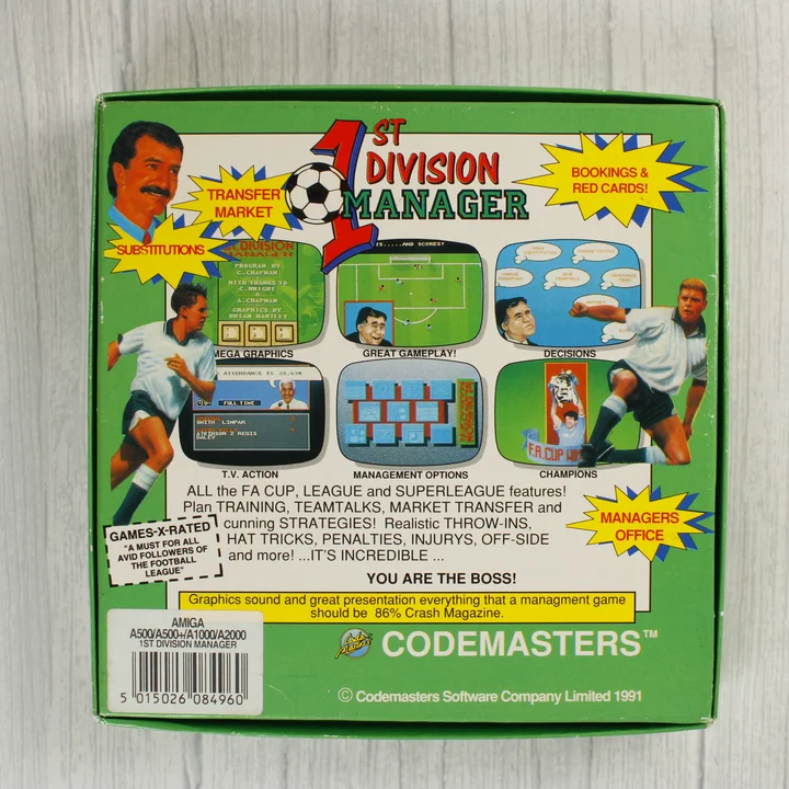 A 1st Division Manager Amiga játék dobozának hátoldala leírásokkal