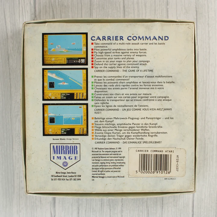 Carrier Command videójáték dobozának hátoldala leírással és képernyőképekkel