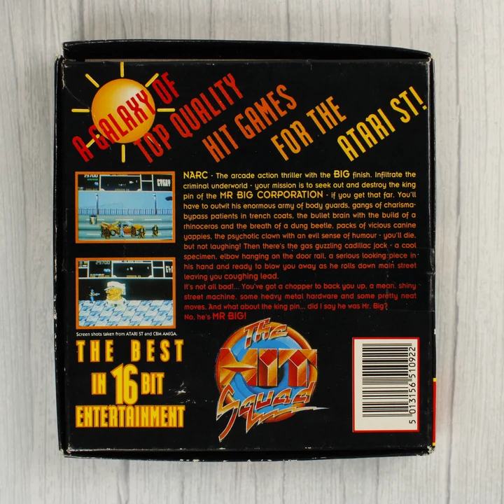 NARC Atari ST hátoldal A NARC videójáték dobozának hátoldala a leírással és vonalkóddal