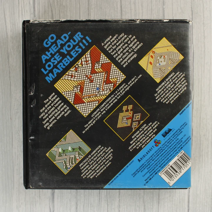 A Marble Madness videójáték dobozának hátoldala képernyőképekkel