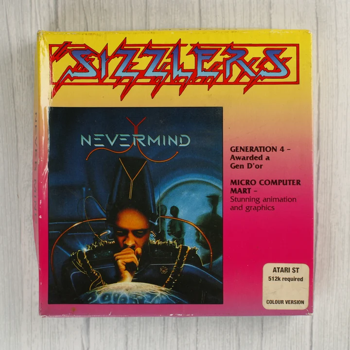 A Never Mind videójáték Atari ST verziójának előlapja sárga és rózsaszín dobozban.