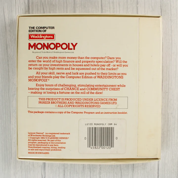 A Monopoly Commodore 64-es kiadásának doboza hátulról