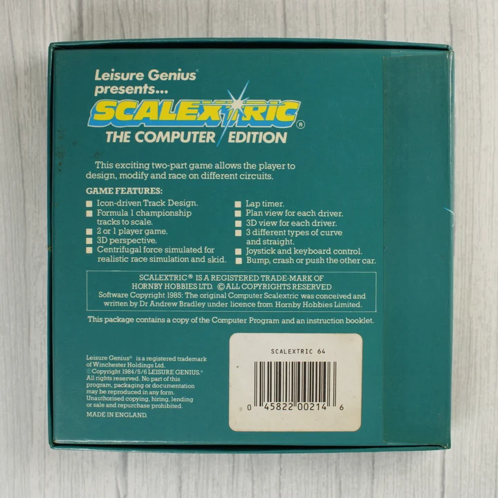 Scalextric: The Computer Edition Commodore 64 játék dobozának hátoldala