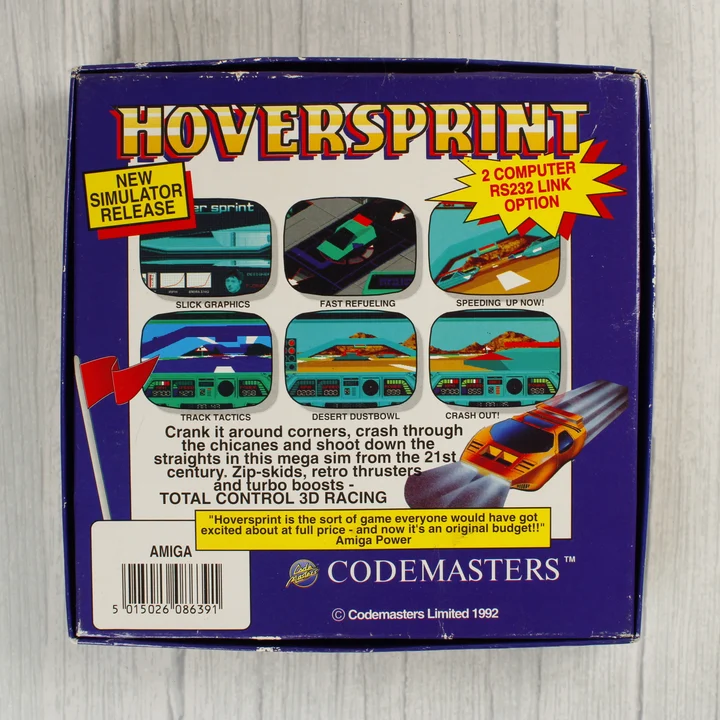 A Hoversprint Amiga játék dobozának hátoldala képernyőmentésekkel és leírással