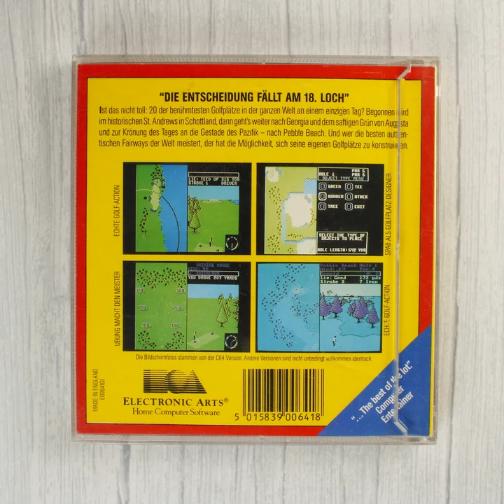 World Tour Golf Commodore 64 játék hátlapja német nyelvű leírással