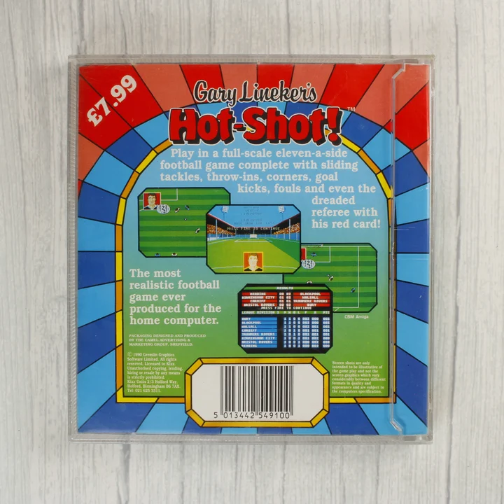 Gary Lineker's Hot-Shot! Amiga hátlap Gary Lineker's Hot-Shot! Amiga játék hátlapi borítója leírással és vonalkóddal