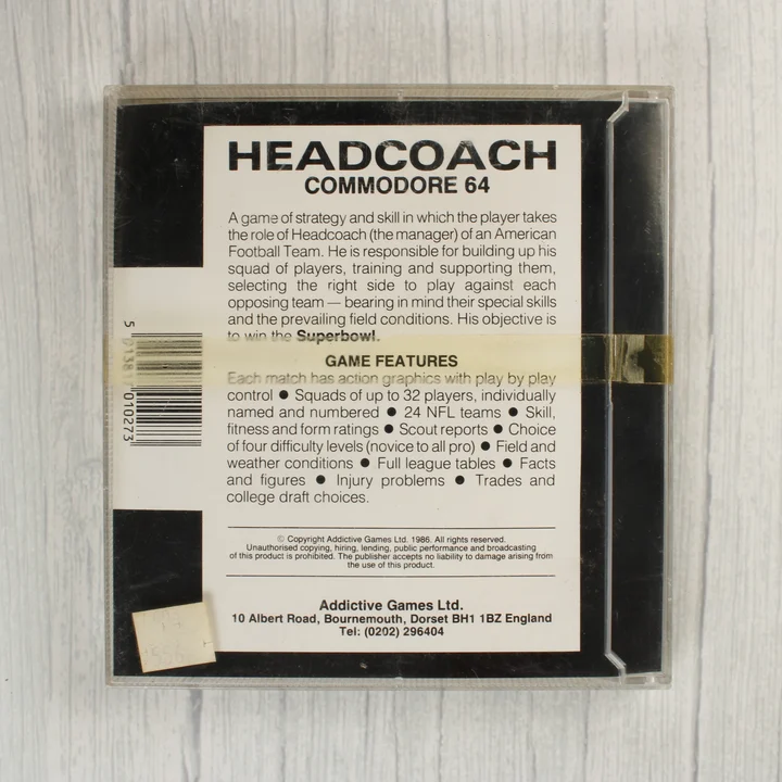 Headcoach C64 hátlap Headcoach Commodore 64 videójáték hátoldali borítója leírással