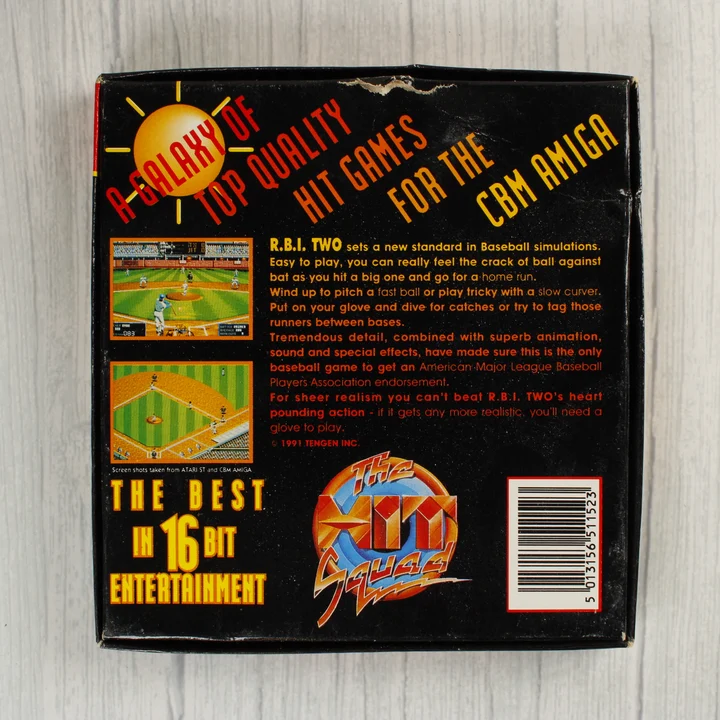 R.B.I. Two Baseball Amiga játék dobozának hátoldala