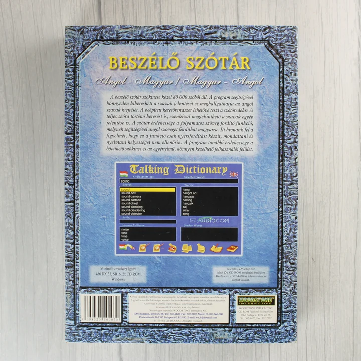 Beszélő Szótár szoftver dobozának hátoldala a leírással